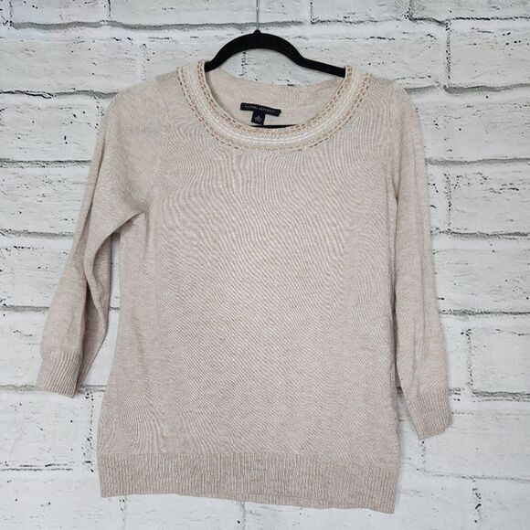 Banana Republic Sweaters - Banana Republic Beaded Crew Neck Sweater Tan small wool blend 3/4 sleeve